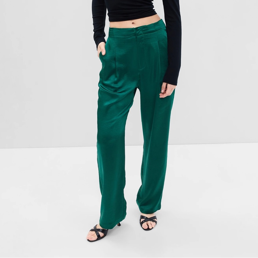 GAP Satin Wide-Leg Trousers in Emerald
